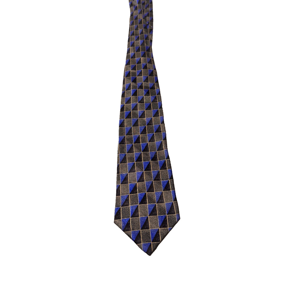 Ermenegildo Zegna Neck Tie Mens Blue Black Slik Geometric Triangle Checkered - Picture 3 of 8